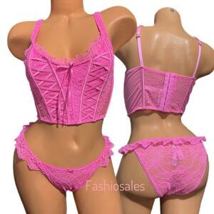 Victorias Secret Dream Angels Lace-up Corset Top Bra & String Bikini Set Pink